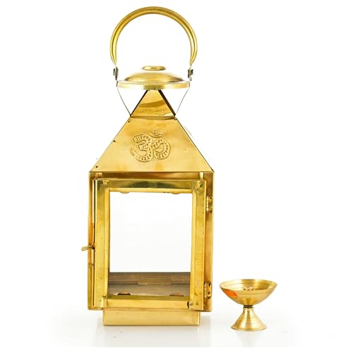 Image of Handicraft Akhand Diya With Glass Cover Brass, Akhand Diya For Home Temple Puja-Medium, Gold