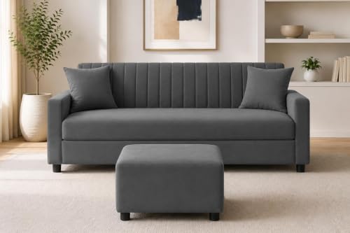 Image of Urban Decor 3 Seater Wooden Sofa Set with Matching Ottoman, Modern Channel Tufted Velvet Fabric Couch for Living Room-Grey