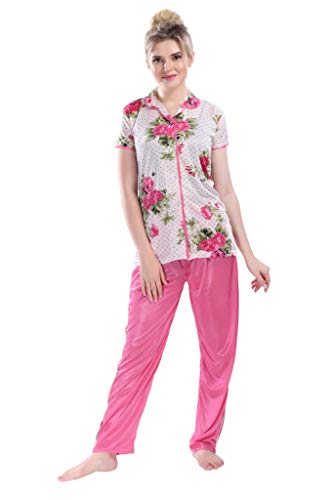 Image of Printed Night Suit for Women - Flower Print Satin Shirt and Pyjama Set (Front Open Collar Night Suit)