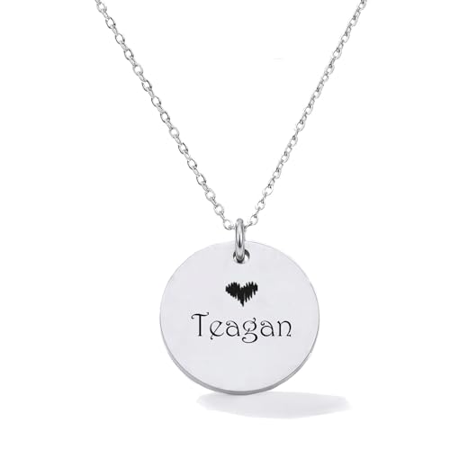 HUAN XUN Personalized Engraved Teagan Name Necklace for Women, Customizable Stainless Steel Double-Sided Custom Heart Initial Disc Pendant Jewelry with Birth Month Flower Necklace for Mother Day Christmas