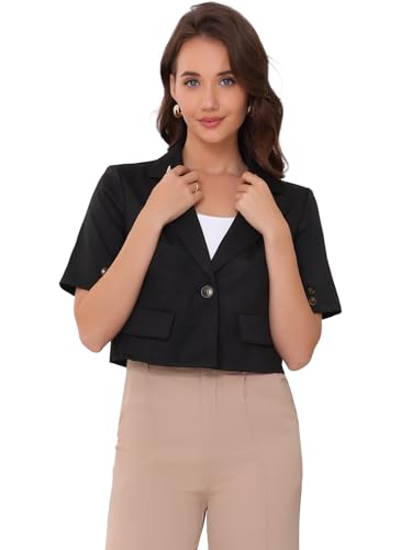 Allegra K Casual Work Cropped Blazer for Women's Short Sleeve One Button Suit Jacket