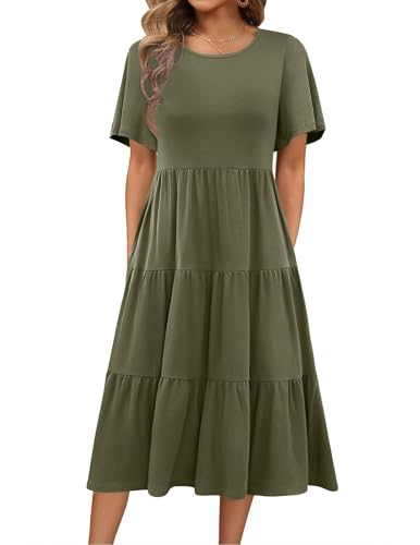 Image of Zeagoo Women Summer Casual Short Sleeve Crewneck Aline Swing Flowy Tiered Midi Beach Long Dress Trendy Sundress Army Green