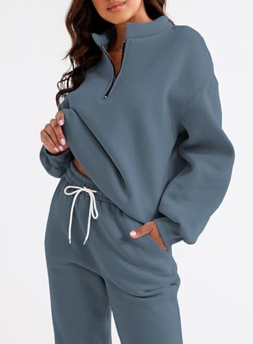Aleumdr Women 2 Piece Outfits Sweatsuit Oversized Half Zip Pullover Long Sleeve Sweatshirt Jogger Pants Set with Pockets2