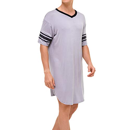 Lu's Chic Men's V Neck Nightgown Short Sleeve Nightshirt Soft Sleepshirt Striped Pajama Top Sleep Shirt Night Summer Gown Sleepwear Knee Length Grey Small #TOP5