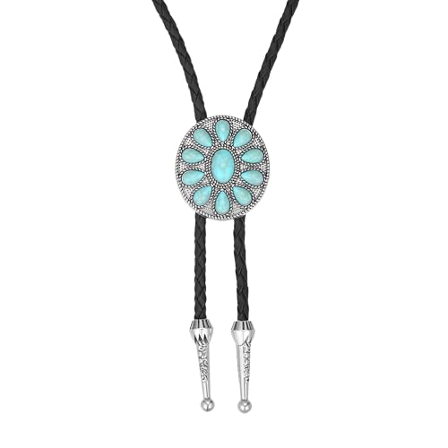 Image of AZORA Western Cowboy Bolo Tie Men Leather Necktie Leather Cord Turquoise Stone Bolo Ties for Men Women