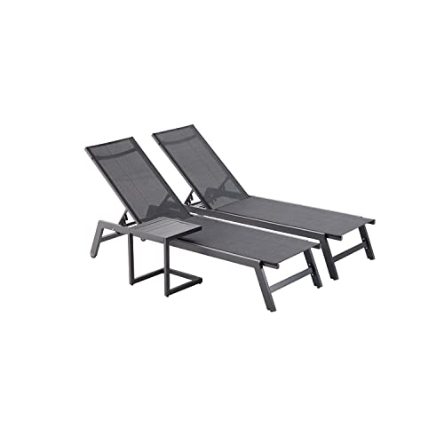 CONCEPT USINE | Lot De 2 Transats Inclinables + Table d'Appoint | Bain De Soleil d'Extérieur | Prato Noir | 2 roulettes | Aluminium Textilène Dossier...