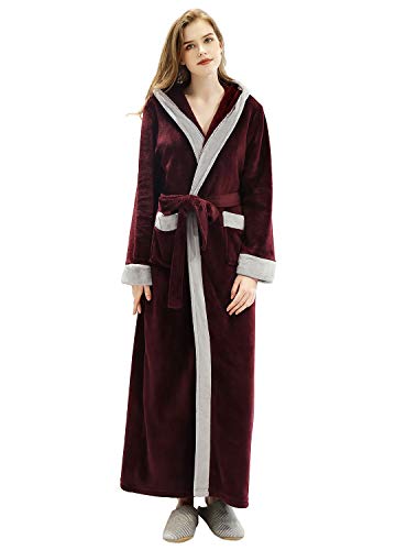 Artfasion Women Robe Warm Winter Flannel Fluffy Micro Fleece Robes with Hoodie Housecoat Wine Red