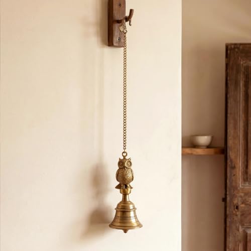Image of ExclusiveLane 'Royal Owl' Brass Decorative Hanging Bell (100% Pure Brass, 66.2 Cm, 1.21 Kg, Hand-Etched) | Bells for Mandir Hanging Bells for Pooja Room Temple Bells for Mandir