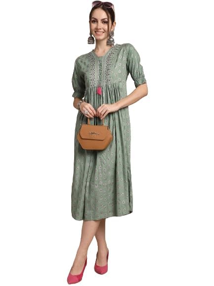 anaisa Women's A-Line Dress, Green, Embroidered Yoke, Gathered Waist, Short Sleeves, Midi Length-picture-53