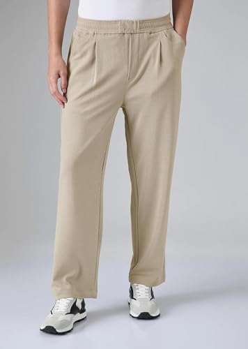 Image of KOTTY Men's Relaxed Fit Pleated Trousers|Casual Elastic Waist Straight Leg Pants with Pockets|Stylish Casual Wear