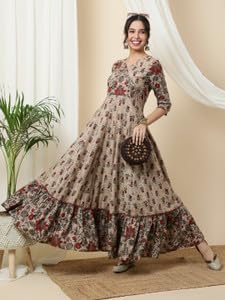 Women’s Rayon Anarkali Kurti – Beige Floral Printed Long Flared Kurta with 3/4 Sleeves & V-Neck Festive & Casual Wear