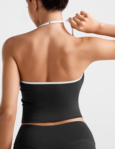 Relety Workout Sets for Women 2 Piece V Neck Halter Crop Tank Top High Waist Flare Leggings Contrast Trims Gym Yoga Outfits — view 6