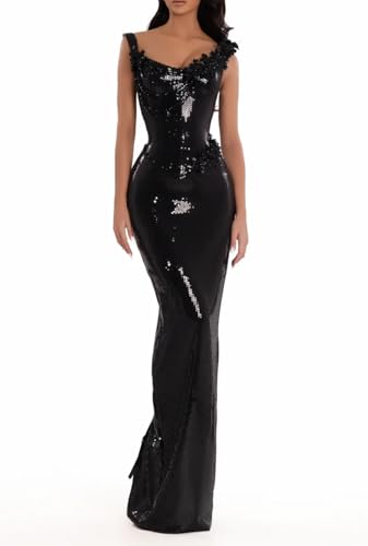 Floral Sequin Maxi Dress Luminous Noir Premium Black Evening Party Fishtail Gown(Black,L)