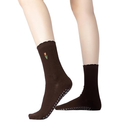 Image of Verdancy Yoga Pilates Socks with Non-Slip Grips Ruffle Trim Tulip Embroidered Cushioned Crew Socks for Barre Ballet Dance