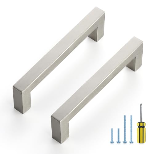 Image of Ravinte 20 Pack Kitchen Brushed Nickel Cabinet Handles 4-1 /2 Inch Hole Center Stainless Steel Square Cabinet Pulls for Dresser Drawer Cupboard Handles with Screwdriver