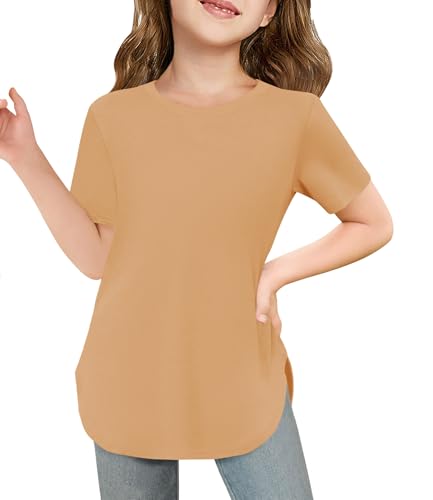 Image of Haloumoning Girls Summer Short Sleeve Shirt Kids Crewneck Curve Hem Soft Tunic Tops T-Shirts 5-14 Years