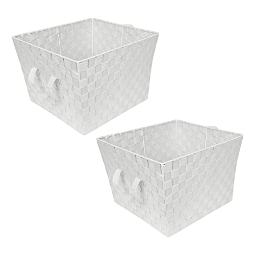 Image of Simplify Large Woven Strap Tote | Decorative Storage Basket | 2 Handles | Organization | Closet | Bedroom | Bathroom | Nursery | Accessories | Toys | Gifts | 2 Pack | White