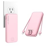 Nusyddy Portable Charger, 10000mAh PD20W Fast Charging Power Bank with Built-in Cables & Wall Plug, Travel Essentials External Battery Pack, USB C Battery Phone Charger for iPhone, iPad, Samsung Pink