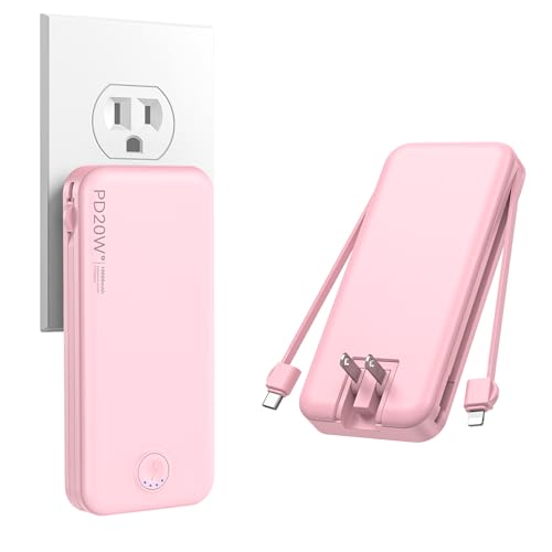 Portable Charger, 10000mAh PD20W Fast Charging Power Bank with Built-in Cables & Wall Plug, Travel Essentials External Battery Pack, USB C Battery Pho