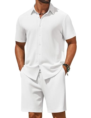 COOFANDY Mens Beach Outfits White Casual Shirts Beach Pants Set Beach Vacation Resort Wear