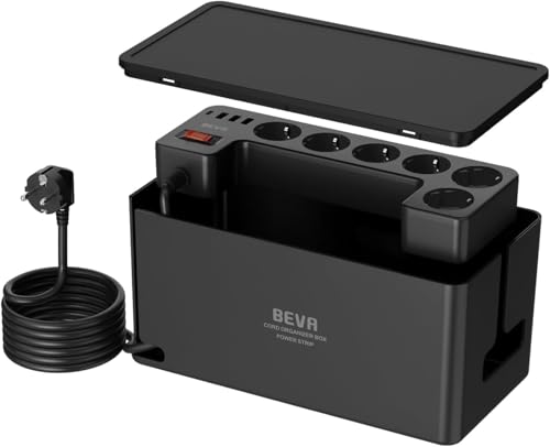 Kabelbox mit Verdeckte Steckdosenleiste 3680W/16A +1050J Überspannungsschutz + 2M Kabel, BEVA Integrierte Mehrfachsteckdose 6 Steckdosen+3 USB-A+1 USB-C (15W) mit Schalter, Mehrfachstecker Schwarz