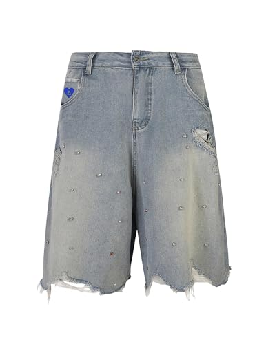 Aelfric Eden Damen Jeans Shorts Herren Baggy Jorts Unisex Rhinestone Jeansshorts Sommer Weites Bein Denim Kurze Hosen Y2K Streetwear Blau 32