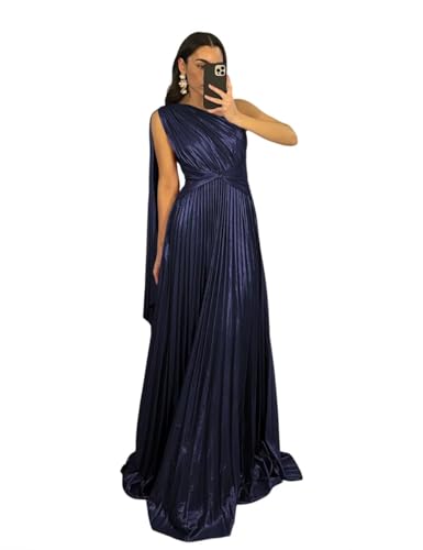 Sparkly Metallic Prom Dresses Pleated A Line One Shoulder Satin Long Formal Party Dress for Women RO141