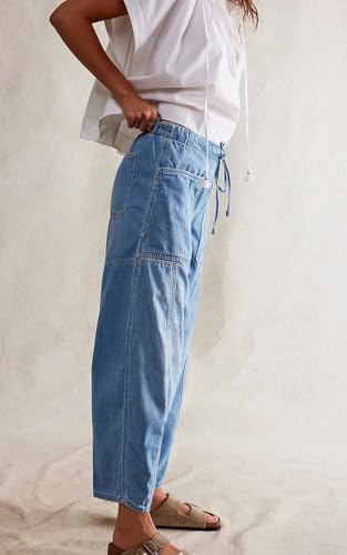 loveimgs Women Casual Denim Barrel Jeans Drawstring Elastic Waist Patchwork Horseshoe Jeans Y2k Cargo Harem Pants Pocket3