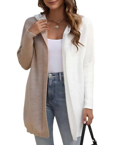 Women’s Hooded Long Cardigan Color Block Open Front Knit Cardigan Oversized Lightweight Knit Sweater Outwear