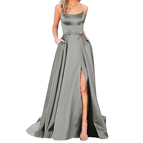 2025 Vestido largo elegante sin espalda para mujer, vestido largo de raso con espaguetis de espaguetis para fiesta de graduación, con abertura lateral, vestido de novia, vestido de fiesta de registro