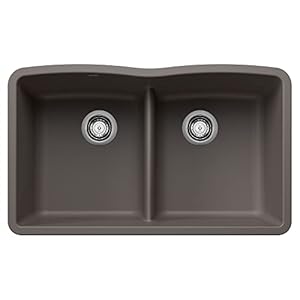 BLANCO 443106 Diamond Silgranit 50/50 Double Bowl Undermount Kitchen Sink with Low Divide, 32″ L X 19.36″ W – Volcano Gray