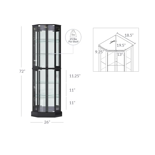 Belleze Ashfield Black Lighted 3-Side Curio Cabinet with Tempered Glass Doors