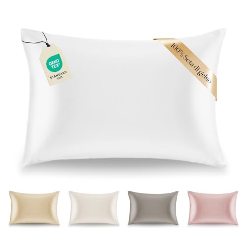 Dreamzie Federa per cuscino in seta 50 x 70, 100% seta di gelso, 19 momme naturali, certificata Oeko-TEX – benefici per capelli e pelle anti-invecchiamento, bianco