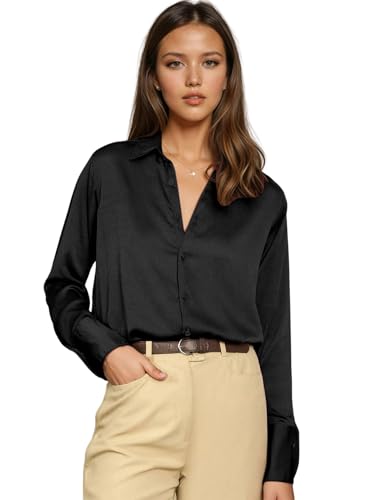 Image of Aahwan Women Satin Regular Fit Black Solid Button Up Drop Shoulder Officewear Casual Formal Long Sleeve Shirt