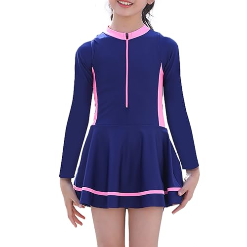 NautySaurs Traje de baño para niñas con falda, traje de baño modesto estilo escolar con pantalones cortos, traje de baño todo en uno para niñas pequeñas, Manga larga azul marino, 11-12 años