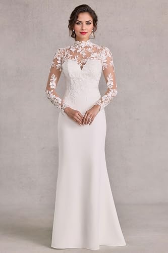 Mermaid Long Sleeve Wedding Dress for Women Bride High Neck Floor Length Bride Wedding Dress with Lace Applique3