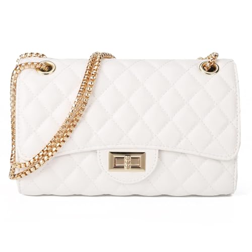 Gladdon Quilted Crossbody Purse for Women Trendy Ladies Shoulder Bag with Chain Designer Purses White IV