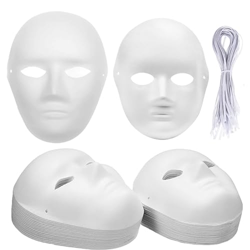 Nicunom 40 Pack DIY Full Face Masks, 2 Sizes Paintable White Plain Masks, Paper Mache Mask for Cosplay Halloween Christmas Mardi Gras Masquerade Dance Party, Blank Costume Masks