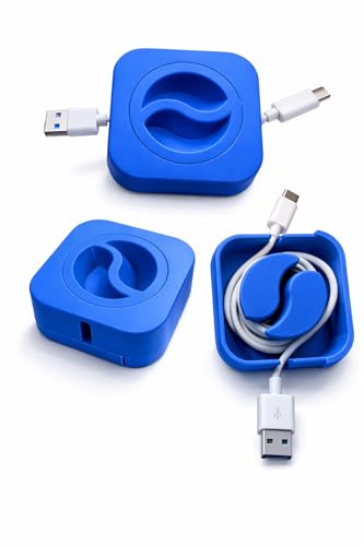 Image of Cable Winder Box Retractable Charging Cable Case USB Organizer Box | Portable Cable Winder Reel Spool Wrap Holder | Travel Desk Cord Management Storage Tangle Free (Blue)