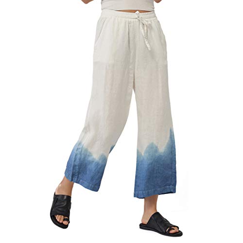 Ecupper Women's Elastic Waist Causal Loose Trousers 100 Linen Cropped Wide Leg Pants Tie Dyeing M