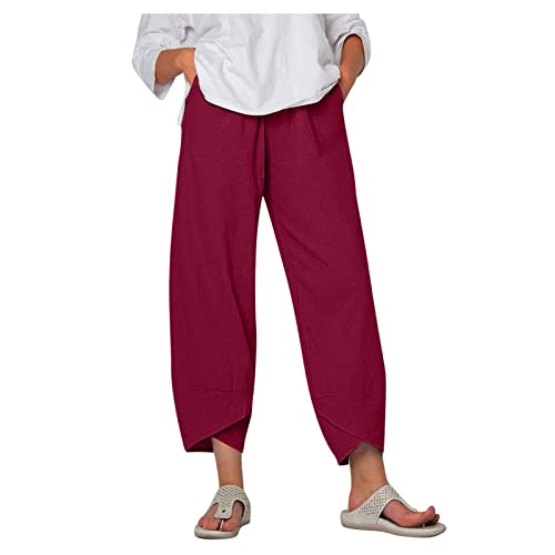 Image of Cotton Linen Capri Pants for Women 2025 Casual Printed Cropped Palazzo Pants Elastic Waist Lounge Baggy Trousers