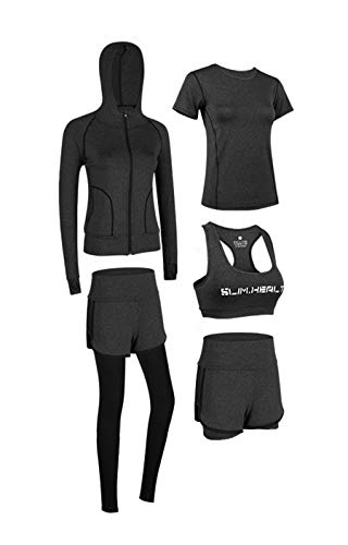 Conjunto Deportivo para Mujer 5 Piezas Secado Rápido Yoga Running Fitness Entrenamiento Conjunto Compresión Ropa Sudaderas con Capucha y Pantalones Cortos y Leggings y Camiseta y Sujetador Deportiva Cover