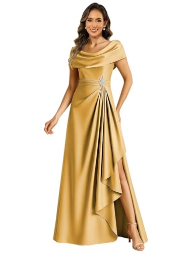 TORYEMY Satin Mother of The Bride Dresses for Women Long Cape Sleeves Ruched Formal Wedding Guest Dress with Slit