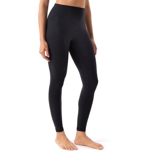 YUNOGA HugMotion Womens No Front Seam Leggings 25 Inseam - High Waisted Tummy Control Seamless Workout Gym Yoga Pants (L Black)