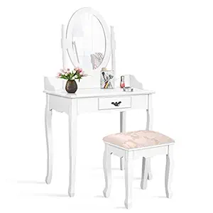 Giantex Bathroom Vanity Table Set w/Mirror Cushioned Stool Makeup Dressing Table Set w/ 1 Drawer Wood Jewelry Cosmetics Organizer Dresser Writing Desk Easy Assembly