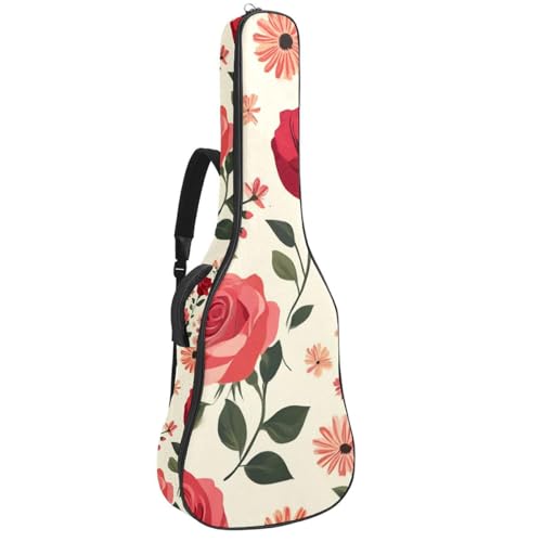 Roses and Small Flowers on Beige Background Acoustic Guitar Bag, Guitar Case Gig Bag 40 41 42 inch with Dual Adjustable Shoulder Strap and Back Hanger Loop