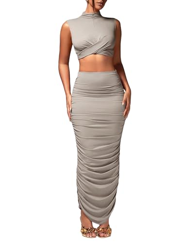 BEAUDRM Women's Sexy 2 Piece Outfits Solid Mock Neck Criss Cross Crop Top Tank Top and Ruched Maxi Skirt Bodycon Skirt Sets Grey Small