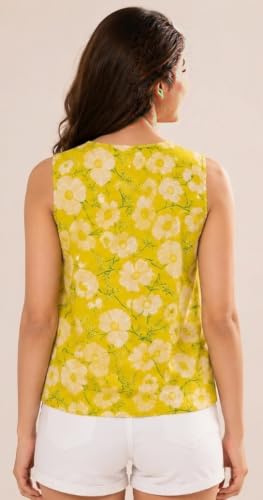 Image of Rayon Floral Printed Sleeveless Top for Women | Round Neck Tie-Up Detail Top | Casual Summer Wear Tunic | Regular Fit Kurti for Women
