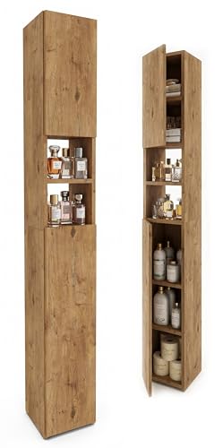 CraftPAK Badezimmerschrank 24 cm Breit, Badschrank, Hochschrank 7 Fächer Verstellbar 2 Türen Badezimmermöbel Badmöbel Schmal Holz Braun