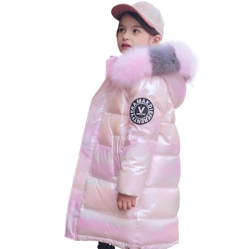Lengender Abrigo de Plumas Superficie Brillante Chaqueta Térmica Niñas Invierno Otoño Capucha Abrigo de Piel Artificial Chaqueta Deportiva Esquí (130, Rosa)